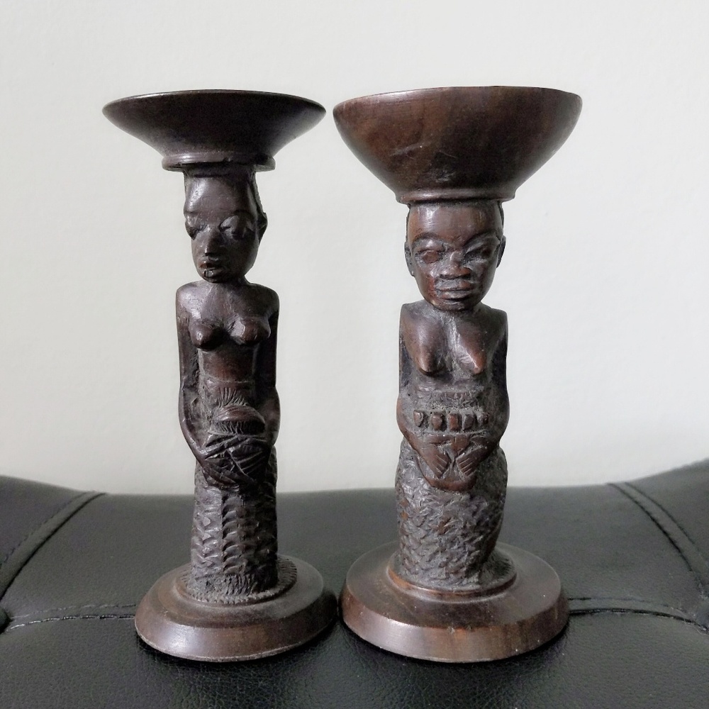 Rare! Vintage Pair Carved African Women Wooden Candlesticks